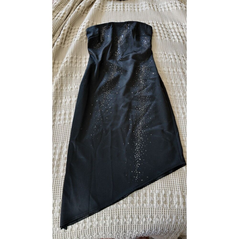 Y2K My Michelle Black Sequin Strapless Dress 3/4 Asymmetrical Hem Made USA